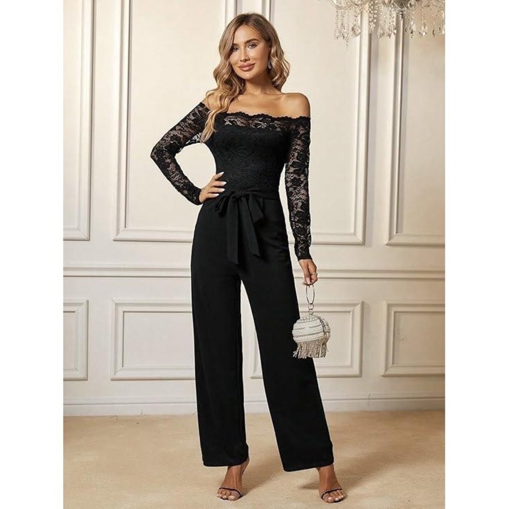 Chicme Black Off The Shoulder Lace Sleeve Wide Leg Jumpsuit Tie Waist Elegant XL